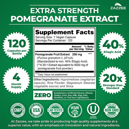 Zazzee Extra Strength Pomegranate 20:1 Extract, 40% Ellagic Acid, 120 Vegan Capsules, 4 Month Supply, Punica Granatum, Antioxidant & Cellular Health Support, Non-GMO, Made in the USA