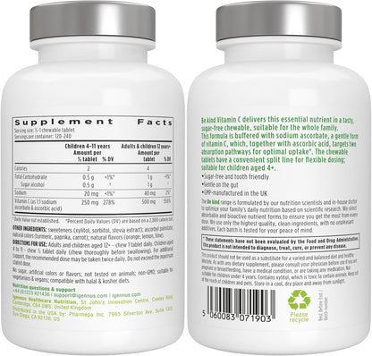 Igennus Vitamin C Chewable 250-500mg Gentle & Buffered for Kids & Adults | Optimized Absorption with Sodium Ascorbate & Ascorbic Acid, Sugar Free Natural Orange & Lemon Flavors, 120–240 Servings