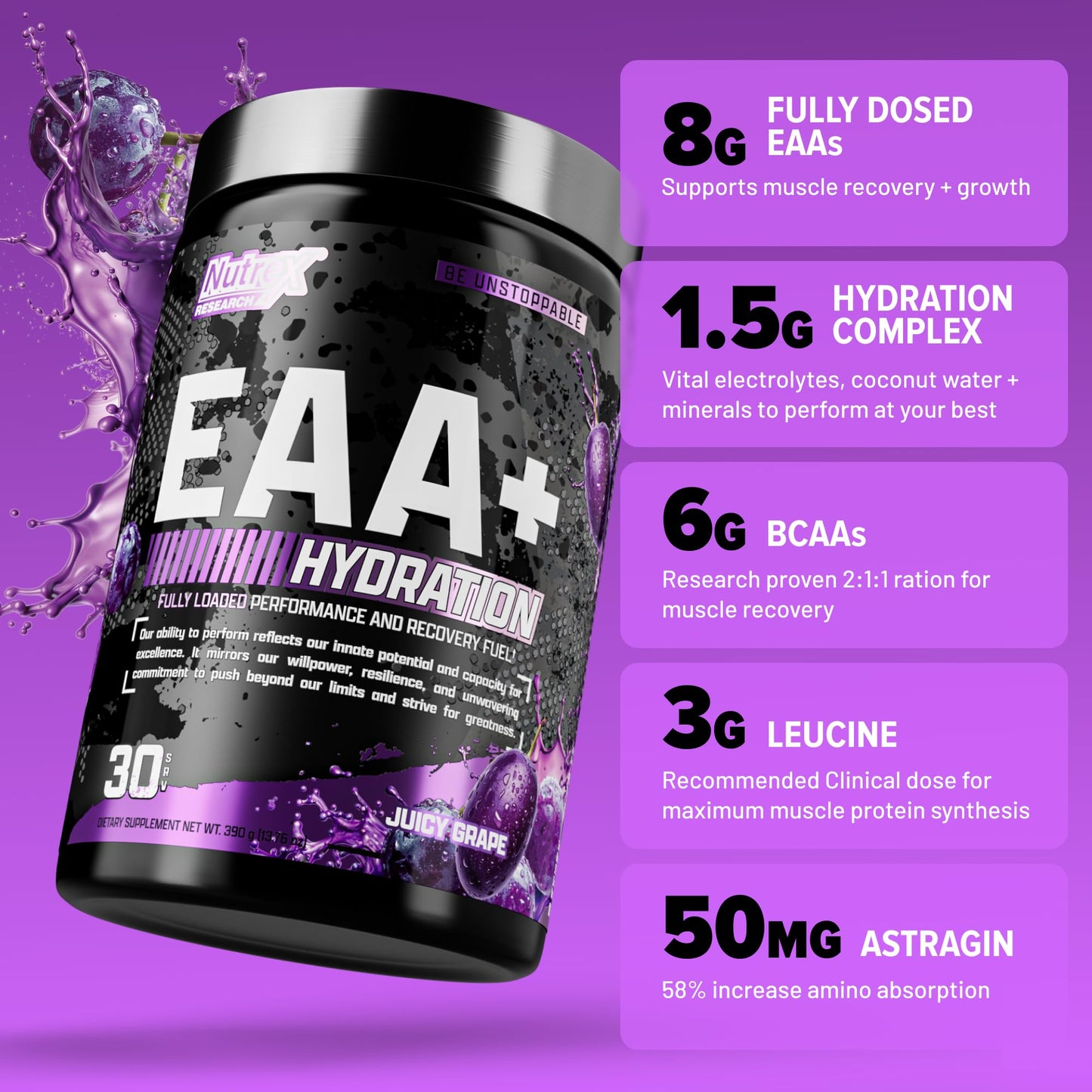 Nutrex Research EAA Hydration | EAAs + BCAA Powder | Muscle Recovery, Strength, Muscle Building, Endurance | 8G Essential Amino Acids + Electrolytes | Strawberry Watermelon 30 Serving