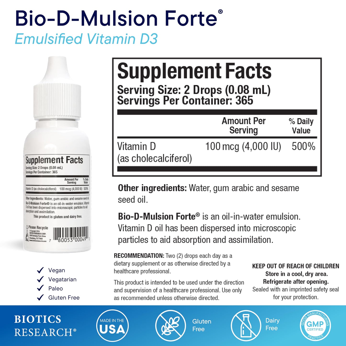 BIOTICS RESEARCH Bio-D-Mulsion Forte Liquid Vitamin D Drops 4000 IU – Vitamin D3 2000iu /Drop for Adults –Best Absorption, Strengthens Bones, Supports Cardiovascular & Immune System -1 fl oz