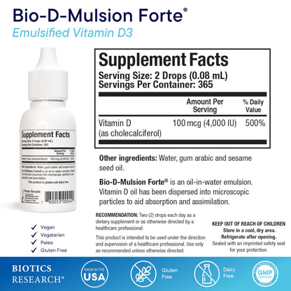 BIOTICS RESEARCH Bio-D-Mulsion Forte Liquid Vitamin D Drops 4000 IU – Vitamin D3 2000iu /Drop for Adults –Best Absorption, Strengthens Bones, Supports Cardiovascular & Immune System -1 fl oz
