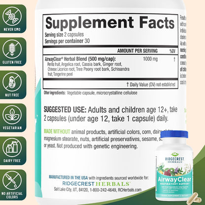 RidgeCrest Herbals AirwayClear Natural Lung and Breathing Support 60 Ct | 30 Servings, Gluten Free, Vegan Capsules, Schisandra Fruit, Cassia Bark, Ginger Root, Sinus, Mucus and Immune Wellness