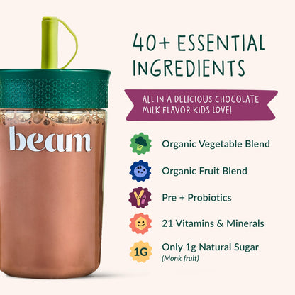 BEAM Kids Multivitamin Powder – Kids Vitamins with Greens, Probiotic & Prebiotic, Immune Support for Children & Toddlers, No Artificial Sweeteners, for Picky Eaters, 20 Servings, Chocolate Flavor