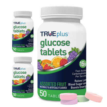 TRUEplus Glucose Tablets, Grape, Raspberry, Orange Flavors, 50 Count | Chewable Tablets, 15g Fast-Acting Carbohydrates, Fat Free, Gluten Free, Boosts Energy, Great Tasting and Easy to Use