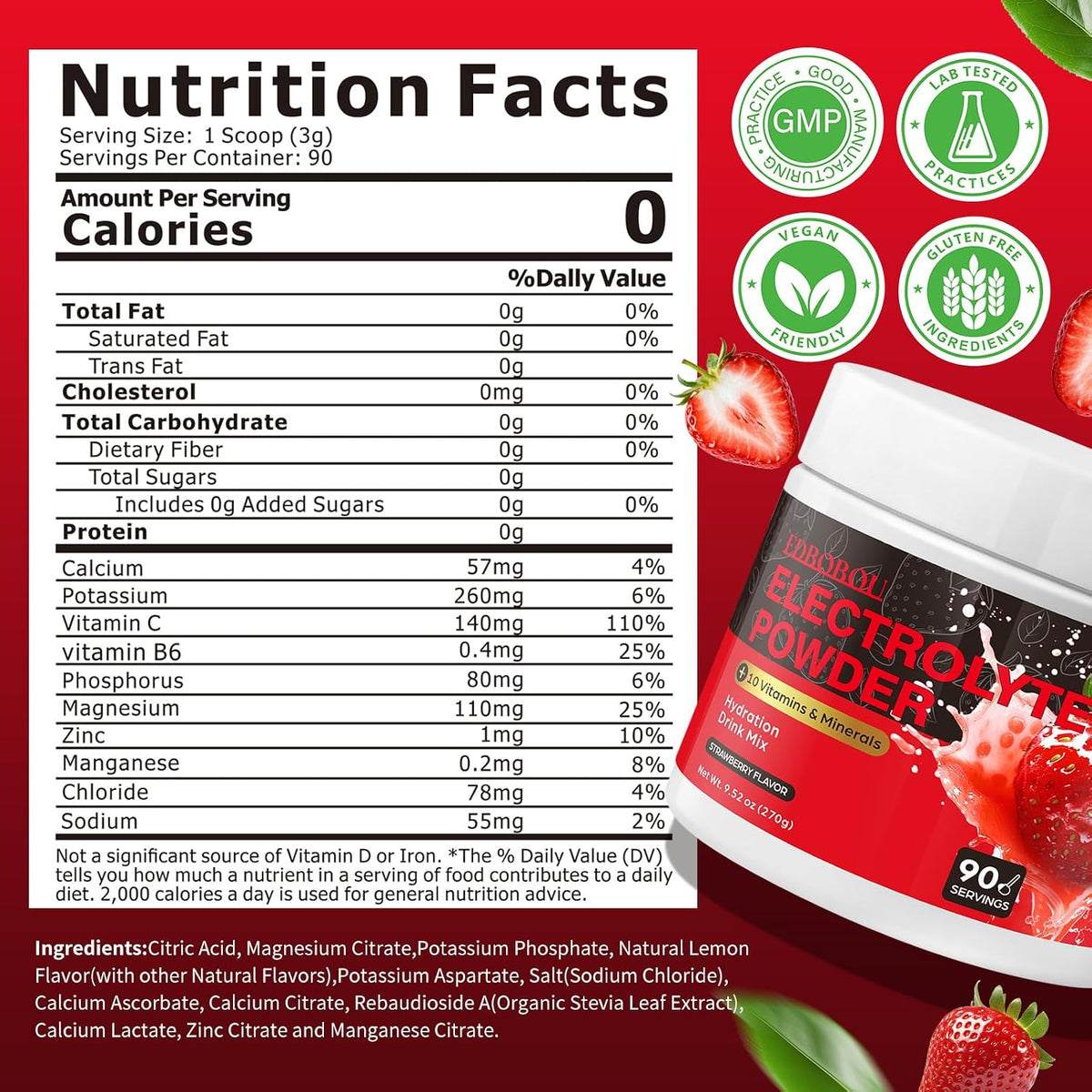 Strawberry Sugar-Free Electrolyte Powder | Zero Sugar, Fast Hydration Supplement for Athletes & Daily Wellness 90 Servings