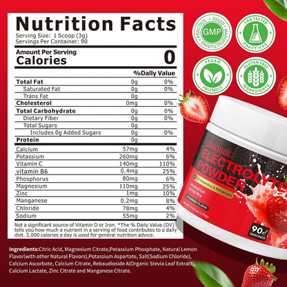 Strawberry Sugar-Free Electrolyte Powder | Zero Sugar, Fast Hydration Supplement for Athletes & Daily Wellness 90 Servings