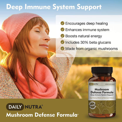 DailyNutra Mushroom Defense Formula - Immune Support Supplement | Organic Mushrooms, Hot Water Extracted - Reishi, Chaga, Maitake, Shiitake & Turkey Tail (90 Capsules)