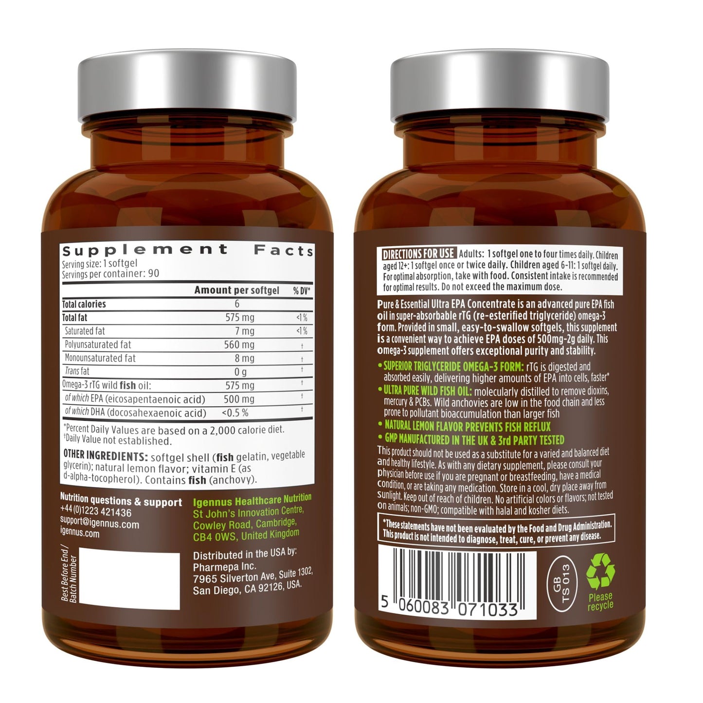 Igennus Ultra Pure EPA Omega-3 500mg, DHA-Free, High EPA rTG, IFOS Certified Fish Oil, Concentrated Triglyceride Form, Non-GMO, 90 Small Softgels