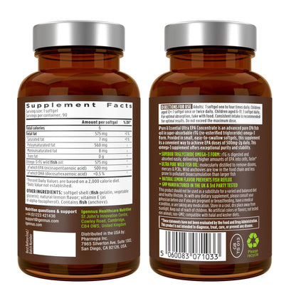 Igennus Ultra Pure EPA Omega-3 500mg, DHA-Free, High EPA rTG, IFOS Certified Fish Oil, Concentrated Triglyceride Form, Non-GMO, 90 Small Softgels