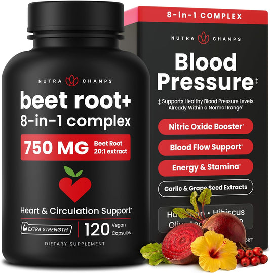 8-in-1 Beet Root Capsules - Healthy Blood Pressure Support Supplement** for Heart & Circulation, Energy Support - Hawthorn Berry, Hibiscus, Garlic & Grape Seed - Beet Juice Alternative - 120 Capsules