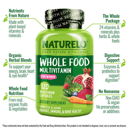 NATURELO Whole Food Multivitamin for Women - with Vitamins, Minerals, & Organic