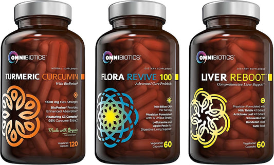 OmniBiotics The Health Essentials Bundle Organic Turmeric Curcumin with Black Pepper Extract + Flora Revive Advanced Probiotics + Liver Reboot for The Necessary Daily Support Your Body Needs