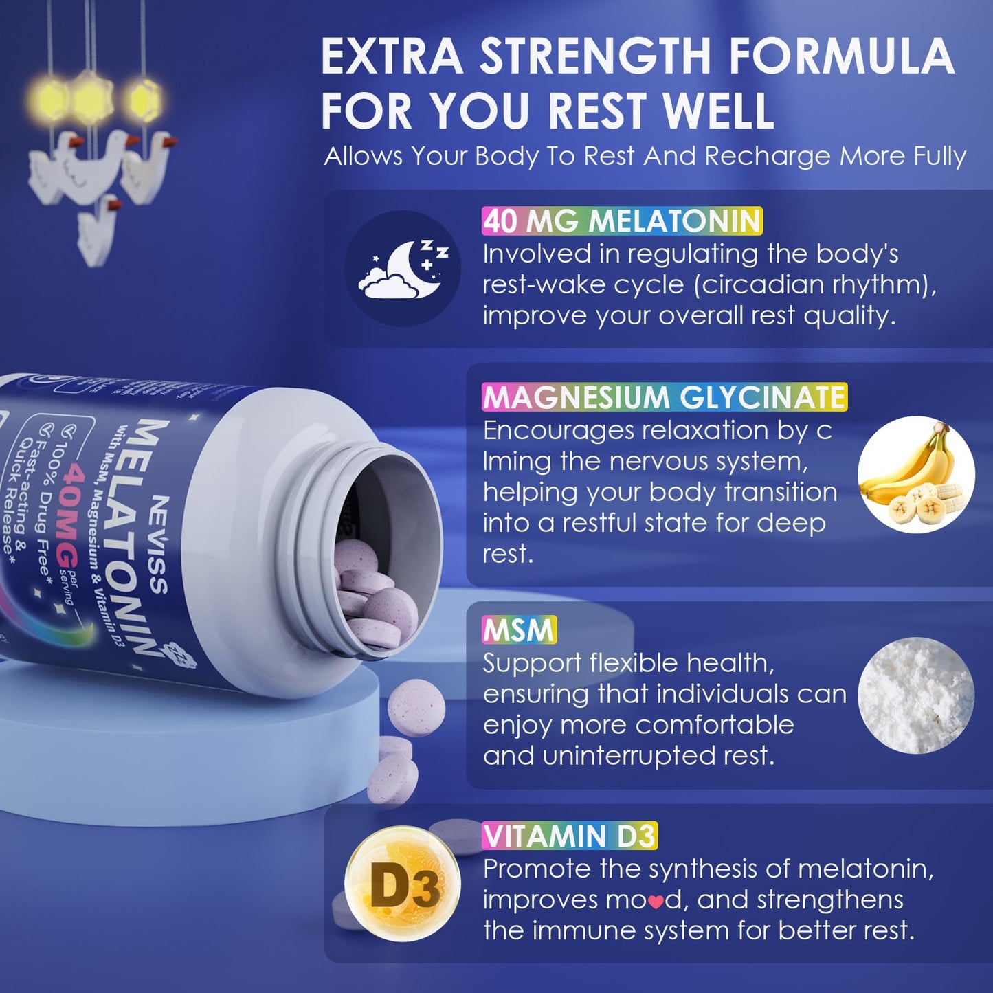 NEVISS Melatonin 50 mg for Adults - Extra Strength 9-in-1 Fast Dissolve Sublingual - High Dose with Magnesium Glycinate, Vitamin D3, Ashwagandha, Lemon Balm, Chamomile, Sugar Free,Vegan 120 Tablets