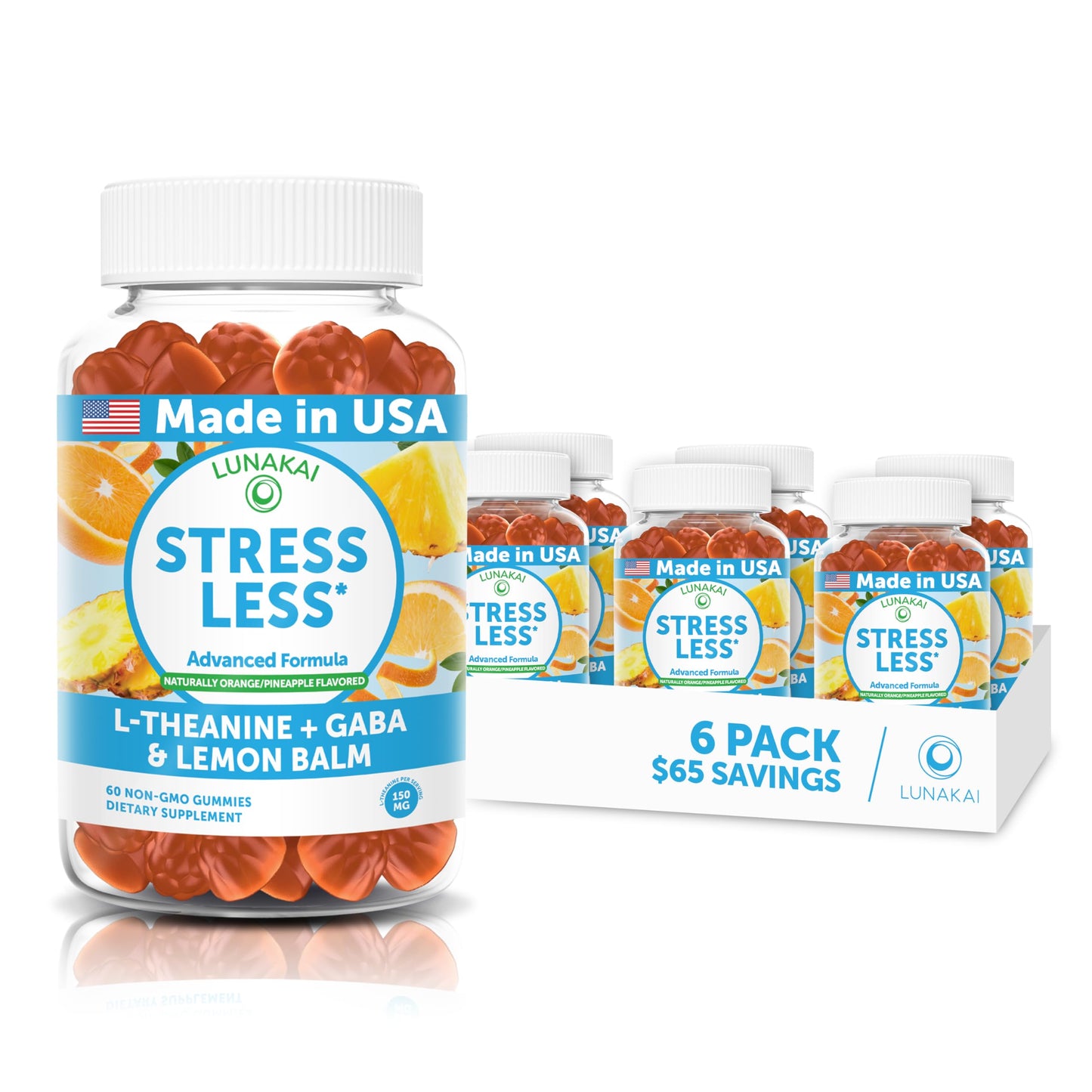 Lunakai USA Made Calm & Stress Relief Gummies – Delicious GABA + L-Theanine Calming Supplement for Adults & Kids – Natural Stress Support, 60ct