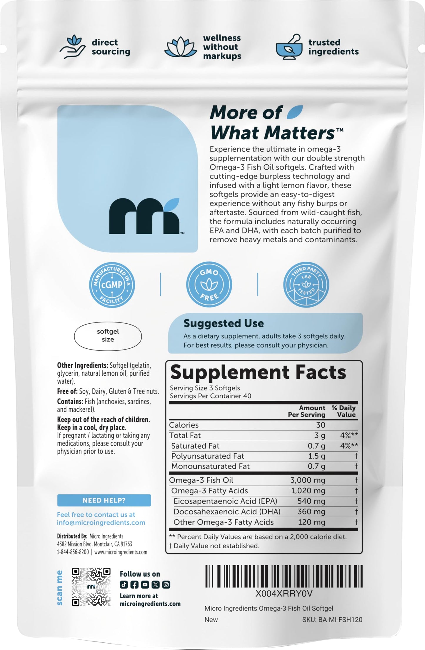 Micro Ingredients Omega 3 Fish Oil Supplements 3,000mg Per Serving, 240 Softgels | Lemon Flavored – Burpless | EPA 540mg + DHA 360mg | Deep Sea Fish