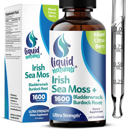 Irish Sea Moss Drops - Citrus Berry Flavor - 92+ Essential Minerals & Vitamins - Energy, Skin, Gut, Recovery - Bladderwrack and Burdock Root - 2 fl. oz