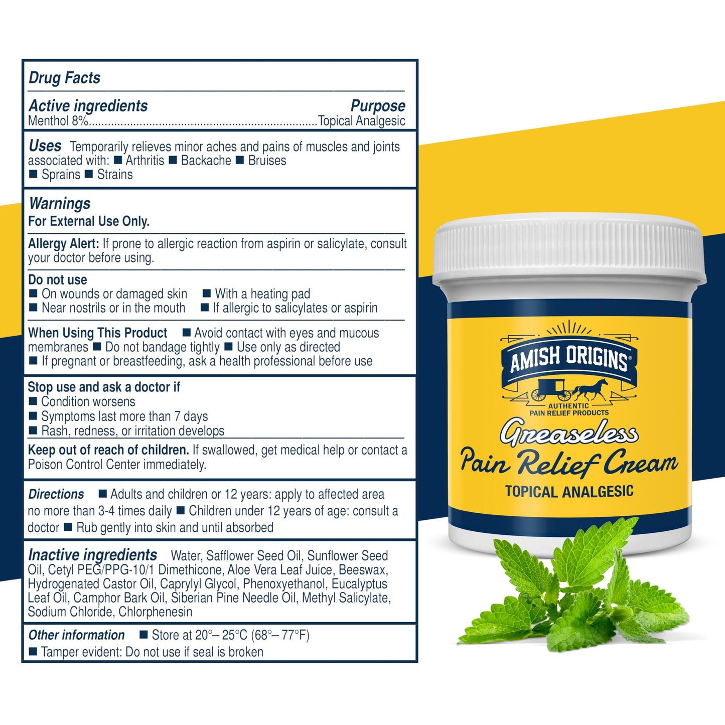 Amish Origins Pain Relief Cream, Maximum Strength Deep Penetrating for Joint, Muscle, Knee, Back, Feet, Hand, Ankle, Aches, 8 fl oz (Pack of 1)