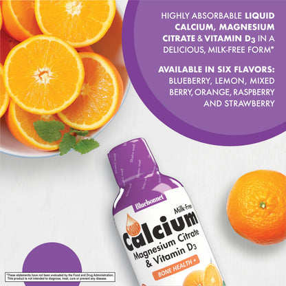 Bluebonnet Nutrition Liquid Calcium Citrate, Magnesium, Vitamin D3, Bone Health, Gluten Free, Soy Free, Milk Free, Kosher, 16 fl oz, 32 Servings, Mixed Berry Flavor