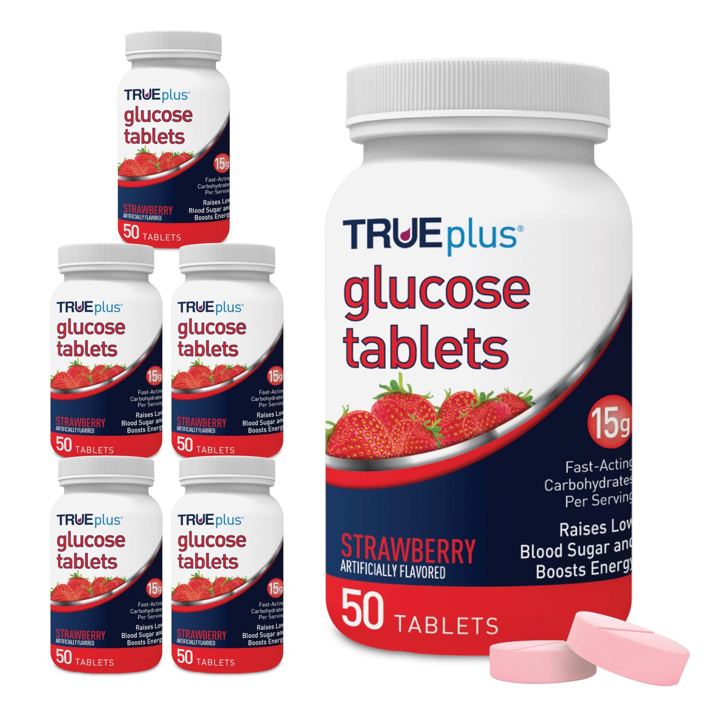 TRUEplus Glucose Tablets, Grape, Raspberry, Orange Flavors, 50 Count | Chewable Tablets, 15g Fast-Acting Carbohydrates, Fat Free, Gluten Free, Boosts Energy, Great Tasting and Easy to Use
