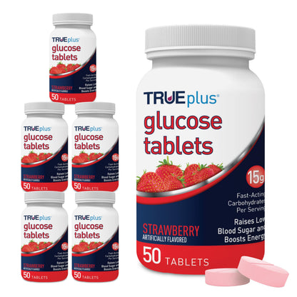 TRUEplus Glucose Tablets, Grape, Raspberry, Orange Flavors, 50 Count | Chewable Tablets, 15g Fast-Acting Carbohydrates, Fat Free, Gluten Free, Boosts Energy, Great Tasting and Easy to Use