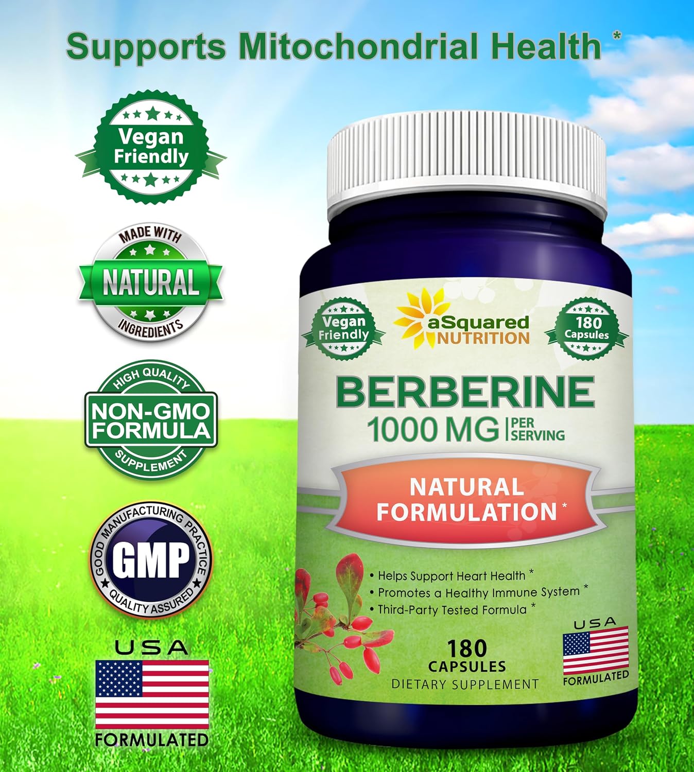aSquared Nutrition Pure Berberine 1000mg Supplement - 180 Veggie Capsules, Natural Berberine Hydrochloride HCL Plus, Max Strength 1000 mg (2X 500mg), Potent Berberine Vegan Extract
