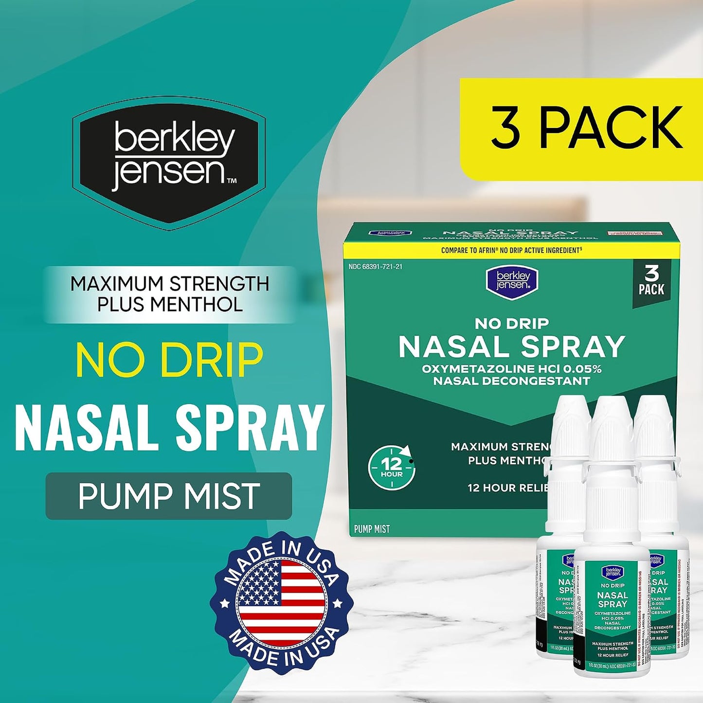 Berkley Jensen No Drip Severe Congestion Nasal Spray - Maximum Strength Decongestant with Oxymetazoline HCl & Menthol - Pump Mist Applicator, No Steroid, 12 Hour Relief, 1 Fluid Ounce (Pack of 3)