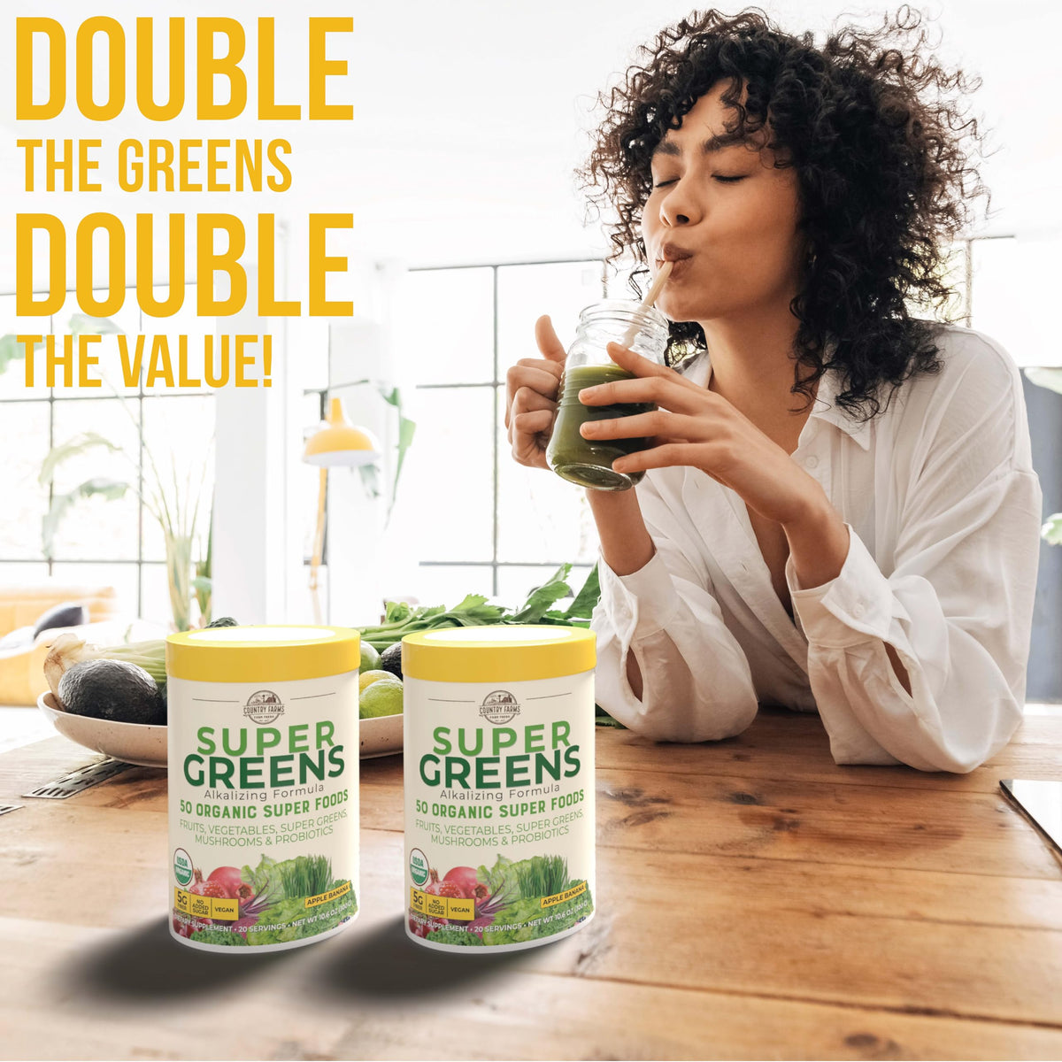 COUNTRY FARMS Super Greens Apple Banana Powder Smoothie, Organic Super Foods