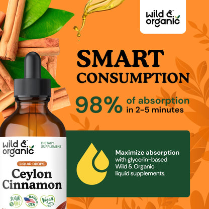 Wild & Organic Ceylon Cinnamon Supplements 500mg - Antioxidant Support - Ceylon Cinnamon Drops - Add to Tea Liquid Extract - Cinnamomum Verum Bark - Unflavored, Sugar & Alcohol-Free Tincture - 4 fl oz