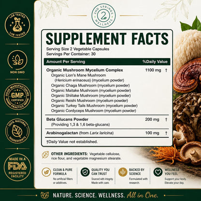 7 Organic Mushroom Complex - 7 Mushroom Supplement | Immune Support Nootropic & Adaptogenic, Lion's Mane, Chaga, Maitake, Shiitake, Reishi, Turkey Tails, Cordyceps, Capsules