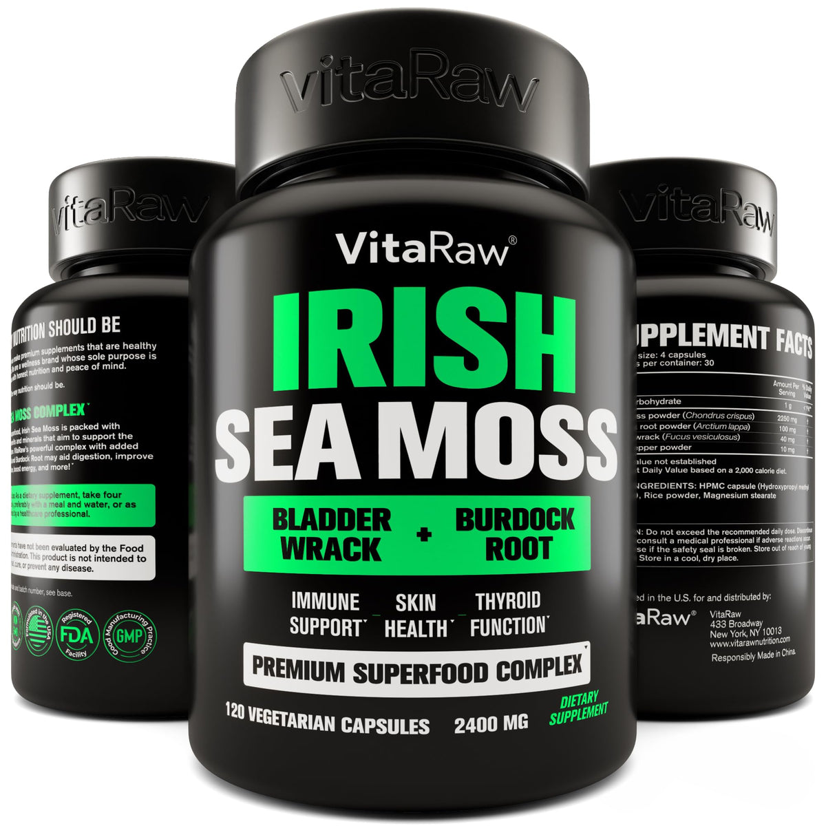 Organic Irish Sea Moss Capsules 2400 mg - Burdock Root and Bladderwrack Powder 