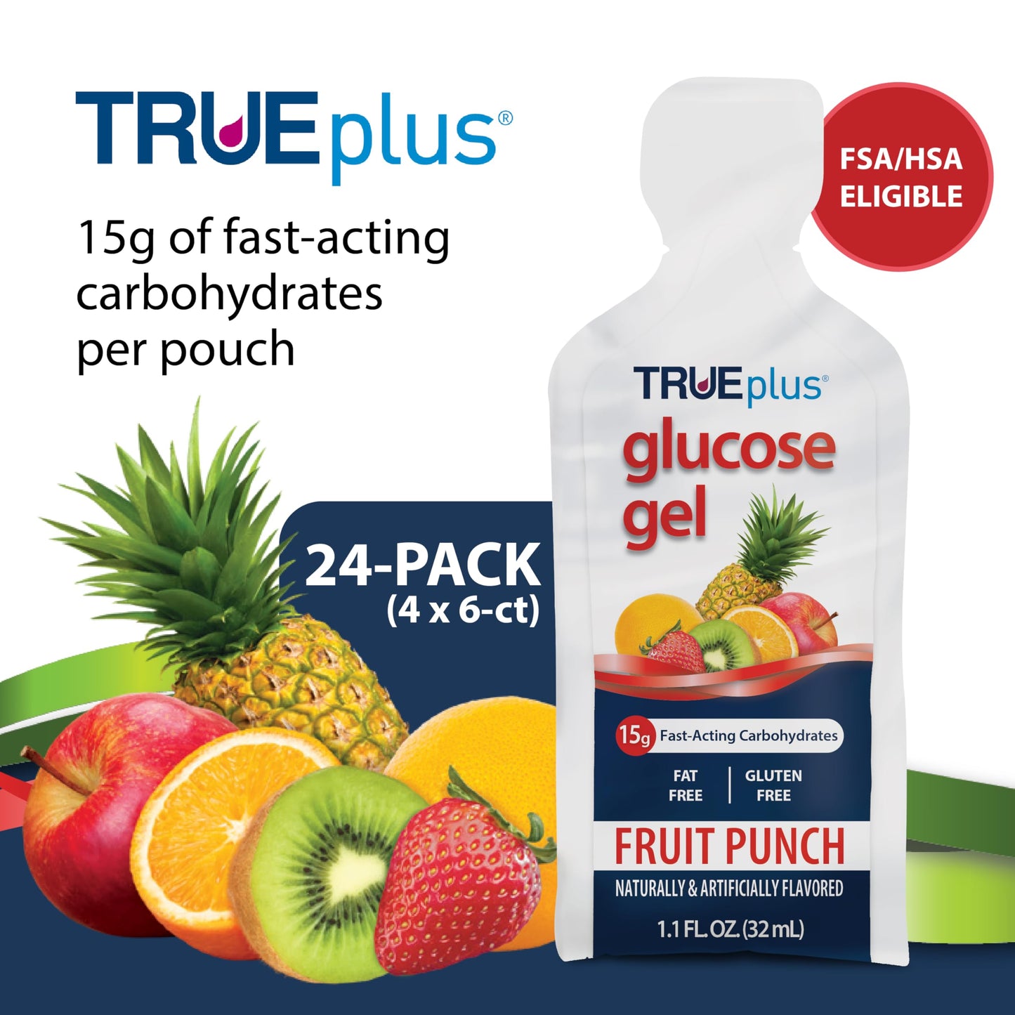 TRUEplus Glucose Gel Pouch, 15g Carbohydrates, Fruit Punch Flavor, 6 Pack | 15g Fast-Acting Carbohydrates Per Serving, Fat Free, Gluten Free, Boosts Energy, Great Tasting and Easy to Use