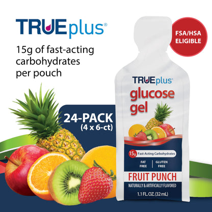 TRUEplus Glucose Gel Pouch, 15g Carbohydrates, Fruit Punch Flavor, 6 Pack | 15g Fast-Acting Carbohydrates Per Serving, Fat Free, Gluten Free, Boosts Energy, Great Tasting and Easy to Use