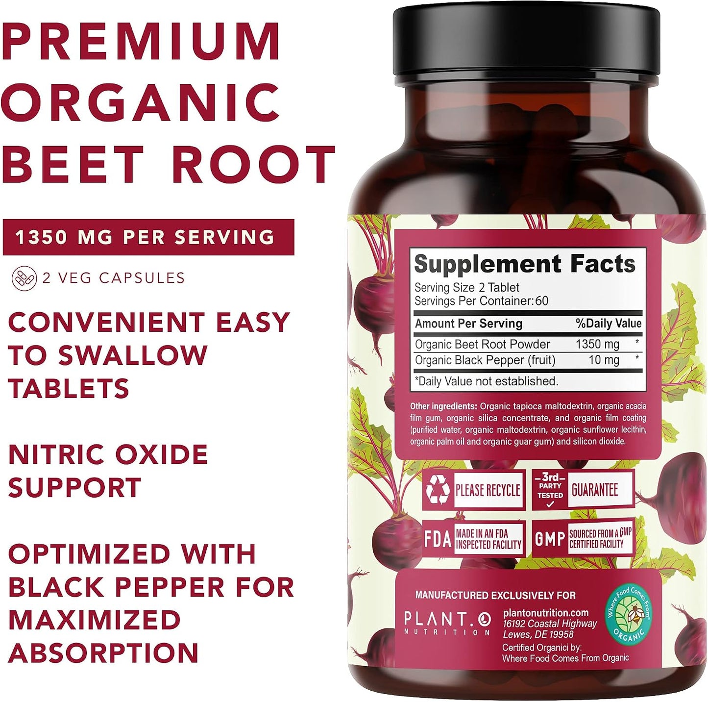Organic Beet Root Capsules 1350mg – USDA Certified Beetroot Powder Supplement with Black Pepper | Nitric Oxide & Circulation Support | Vegan Non-GMO | 120 Tablets 2 Month Supply