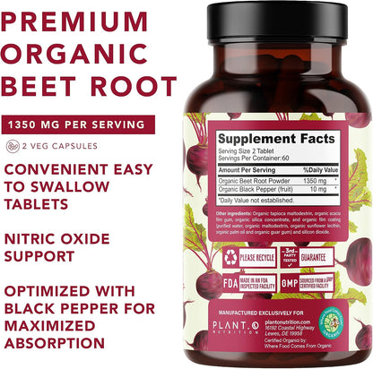 Organic Beet Root Capsules 1350mg – USDA Certified Beetroot Powder Supplement with Black Pepper | Nitric Oxide & Circulation Support | Vegan Non-GMO | 120 Tablets 2 Month Supply