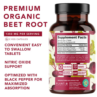 Organic Beet Root Capsules 1350mg – USDA Certified Beetroot Powder Supplement with Black Pepper | Nitric Oxide & Circulation Support | Vegan Non-GMO | 120 Tablets 2 Month Supply