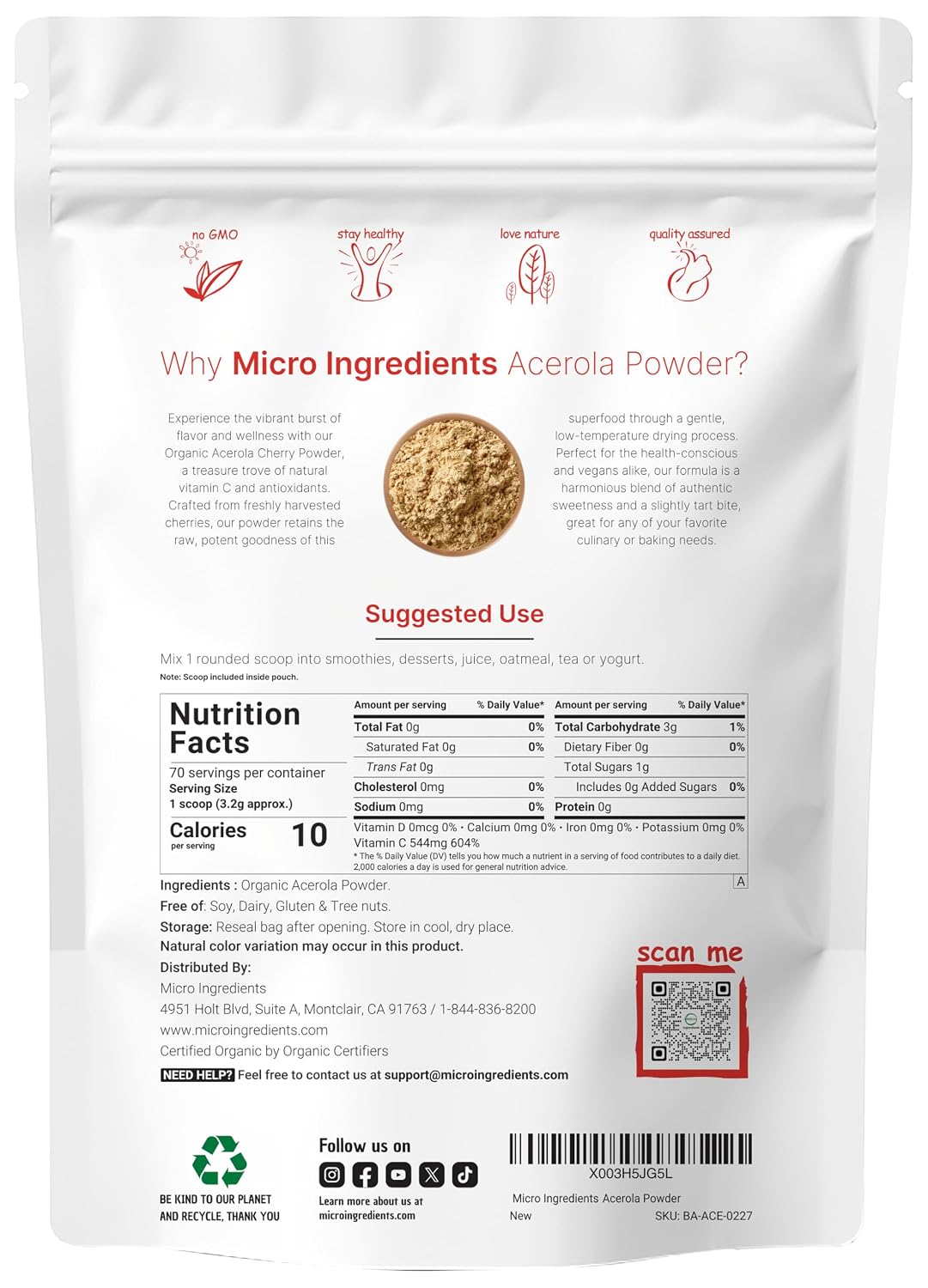 Organic Acerola Powder, 8oz | Natural Organic Vitamin C Superfood | No Sugar & Additives | Great Flavor for Drinks, Smoothie, & Beverages | Non-GMO & Vegan Friendly, Brazil Origin