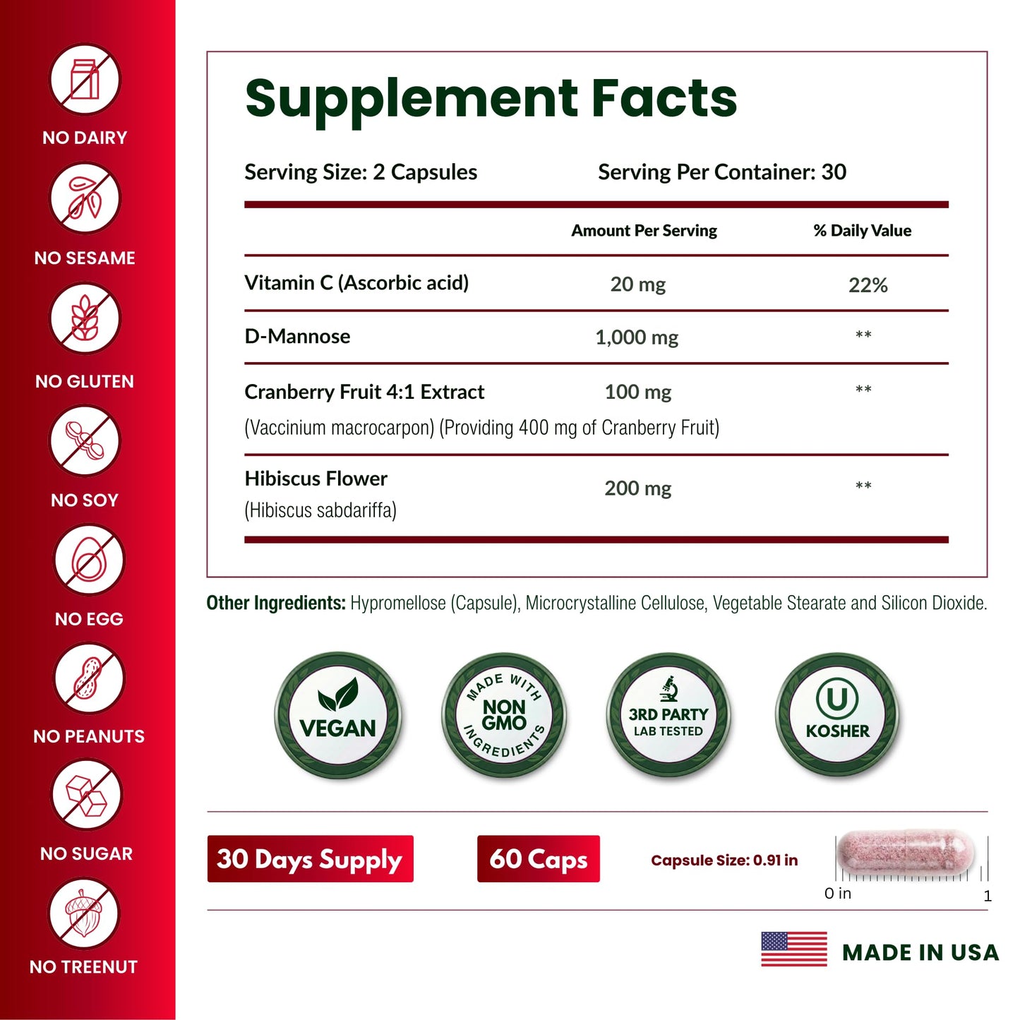 ForestLeaf D Mannose Supplements for Women & Men - D-Mannose 1000mg Capsules with Cranberry, Hibiscus & VIT C - DMannose Pills for UTI, Urinary Tract & Bladder Support - 120 Caps