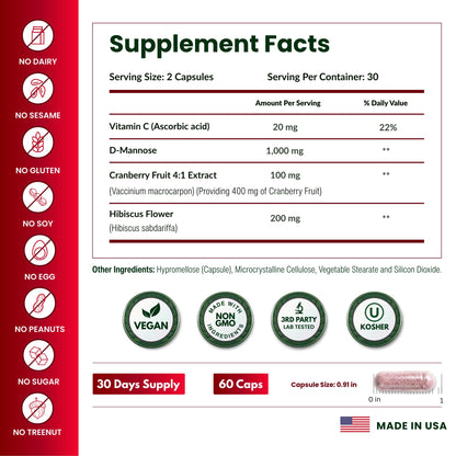 ForestLeaf D Mannose Supplements for Women & Men - D-Mannose 1000mg Capsules with Cranberry, Hibiscus & VIT C - DMannose Pills for UTI, Urinary Tract & Bladder Support - 120 Caps