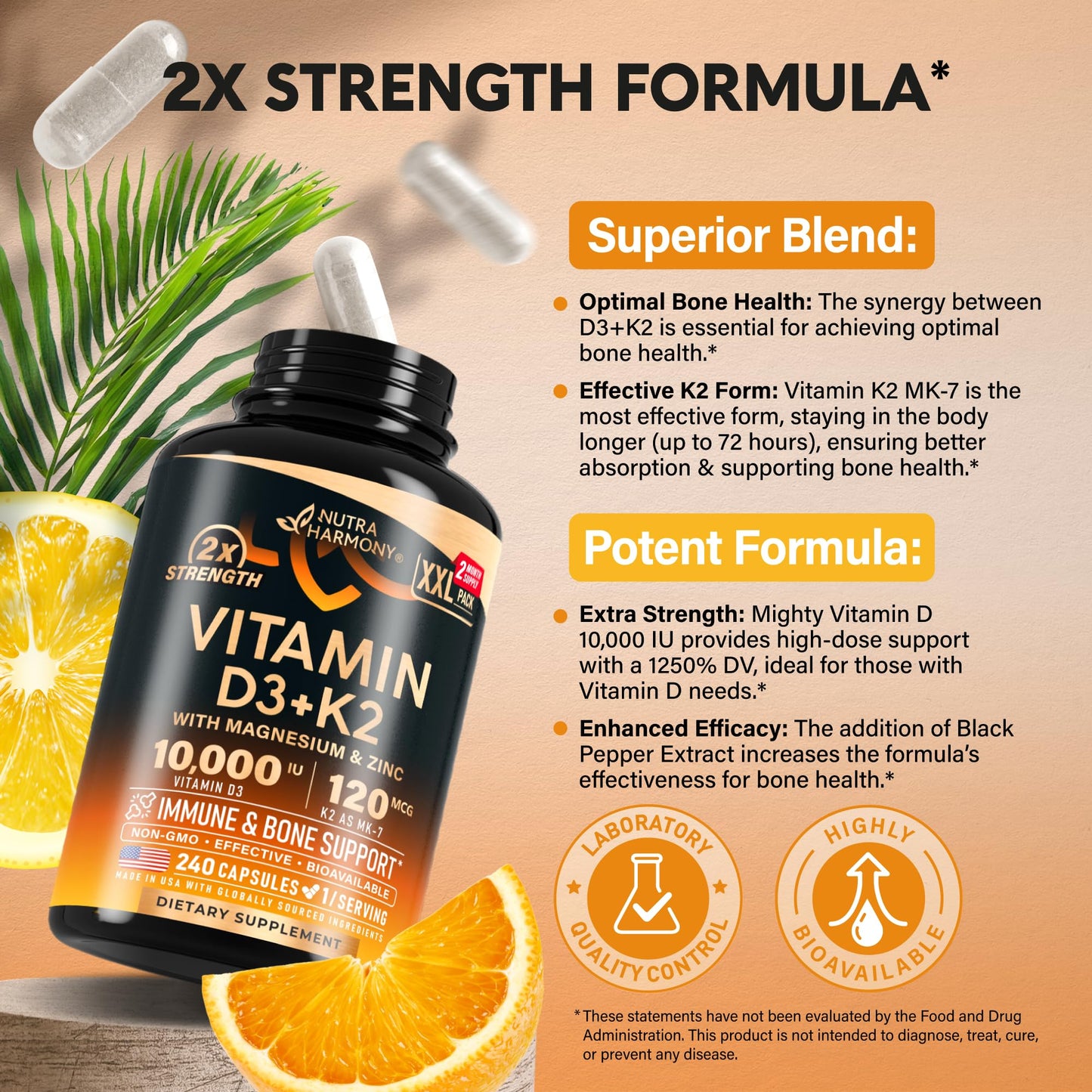Vitamin D3 K2 - Vitamin D3 10000 iu & K2 as MK-7 120 mcg - Immune & Mood Support, for Bone & Teeth Health - with Magnesium, Zinc & Vitamin C & B12 - Highly Bioavailable - Gluten Free, 120 Capsules