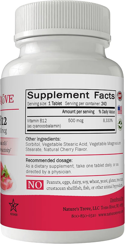 Vitamin B12 500 mcg by Nature's Trove - 240 EZ Chew Tablets Cherry Flavor