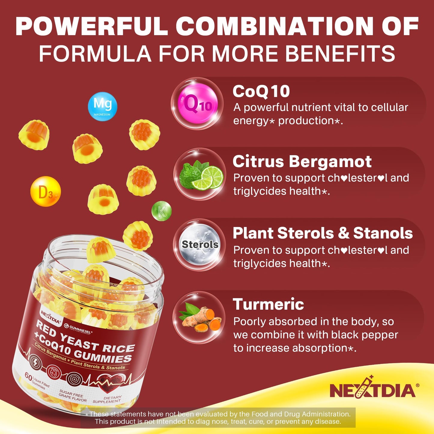Red Yeast Rice Gummies 2400MG with CoQ10, Suagr Free Balanced Chṏlesterṏl Supplements Plus Citrus Bergamot, Plant Sterols & Stanols Supports Vḁsculḁr Health, Energy, Immunity for Age 50+,Vegan,60 Cts