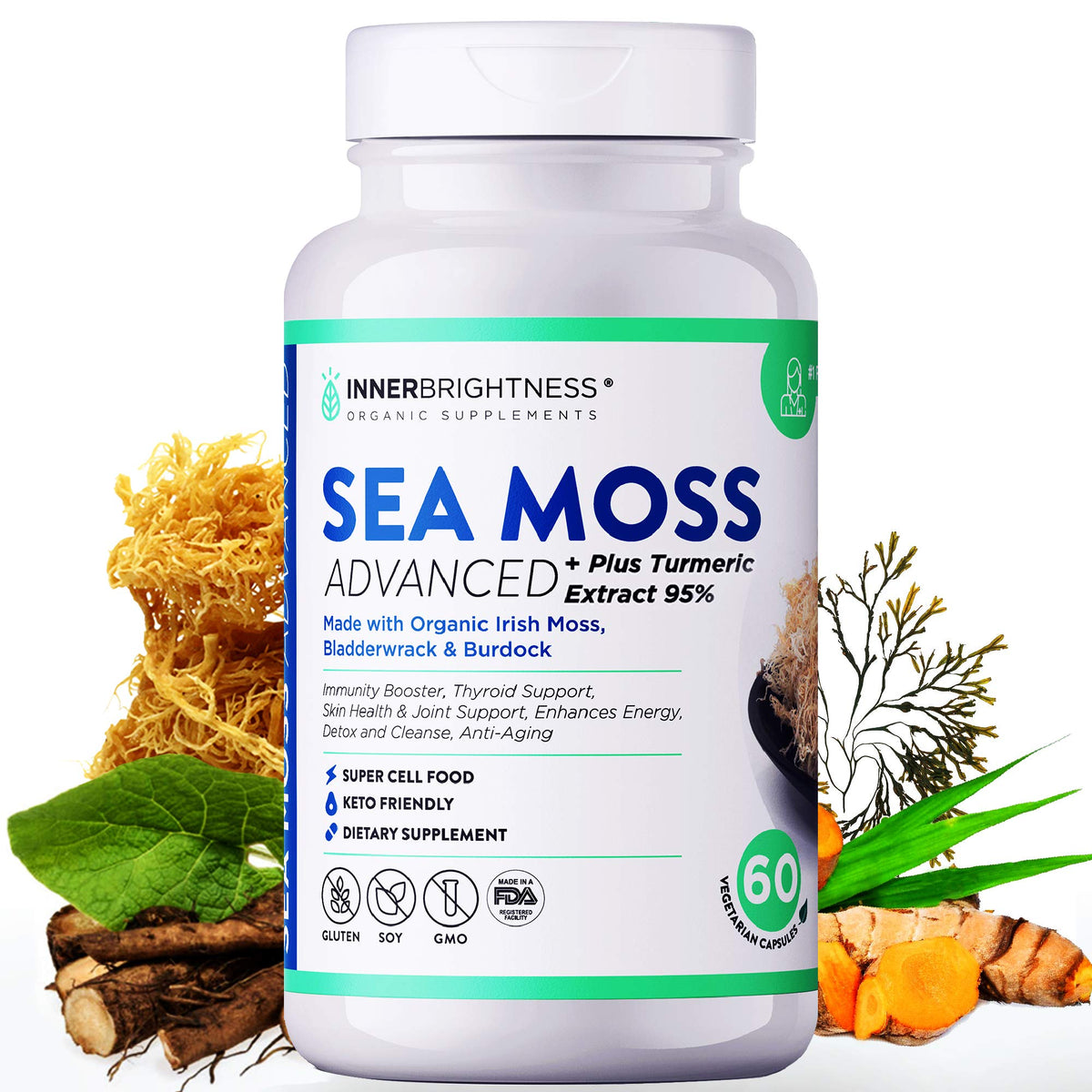 Inner Brightness 1500mg Organic Irish Sea Moss Capsules Max Absorption + 95% Turmeri