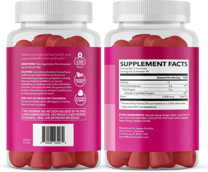 Biotin Gummies 5000mcg Per Serving for Hair, Skin & Nails, Strawberry, 90ct | Non-GMO and Gluten Free 5000mcg Biotin Gummies for Women and Men, GLP-1 Nutritional Support for Hair Health, 45 Servings