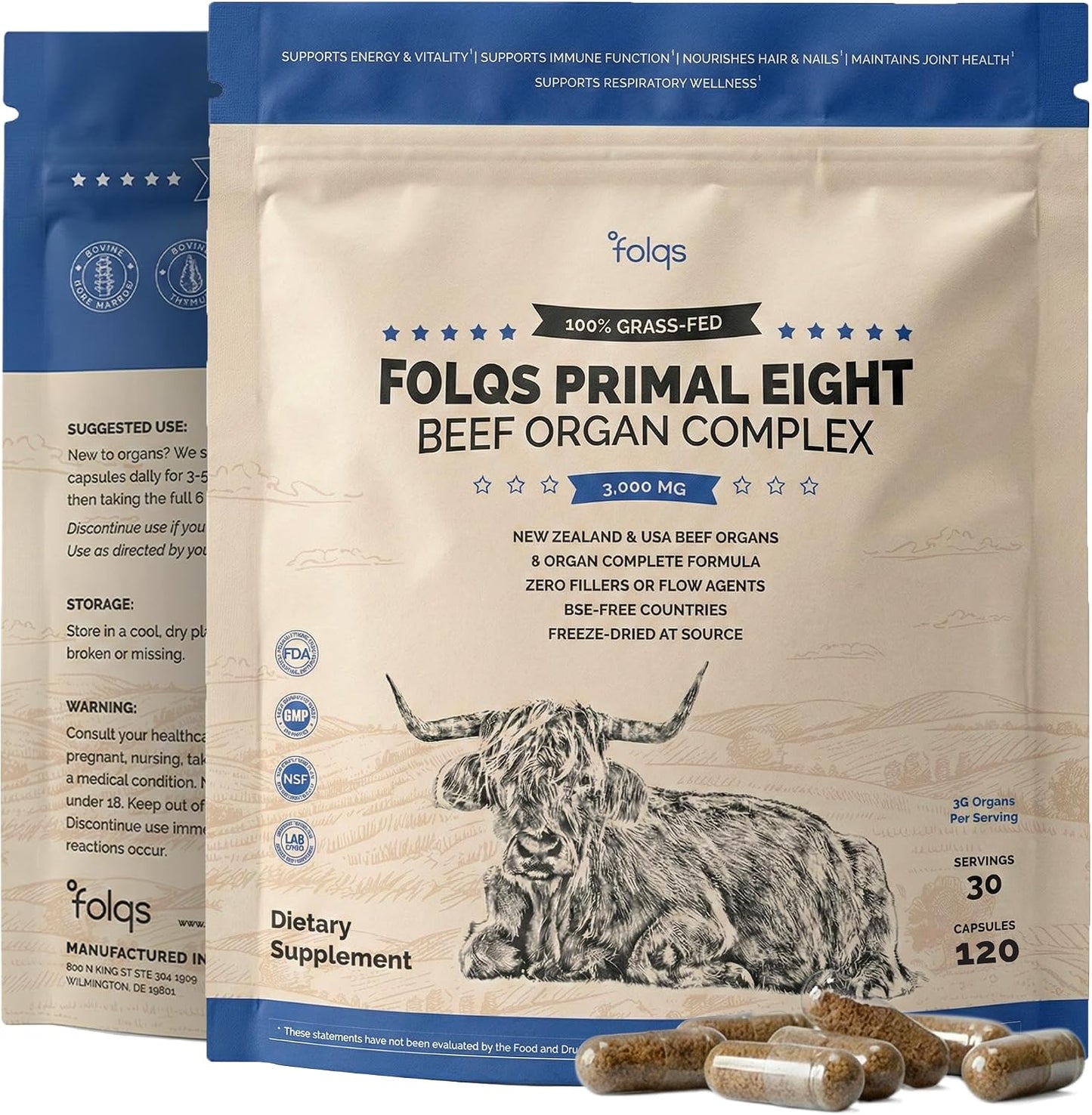 Grass Fed Beef Organ Supplement 3000mg (8 Organs) - Bone Marrow, Thymus, Liver, Heart, Kidney, Trachea, Spleen, Lung - Freeze-Dried - 120 Capsules (30 Servings)