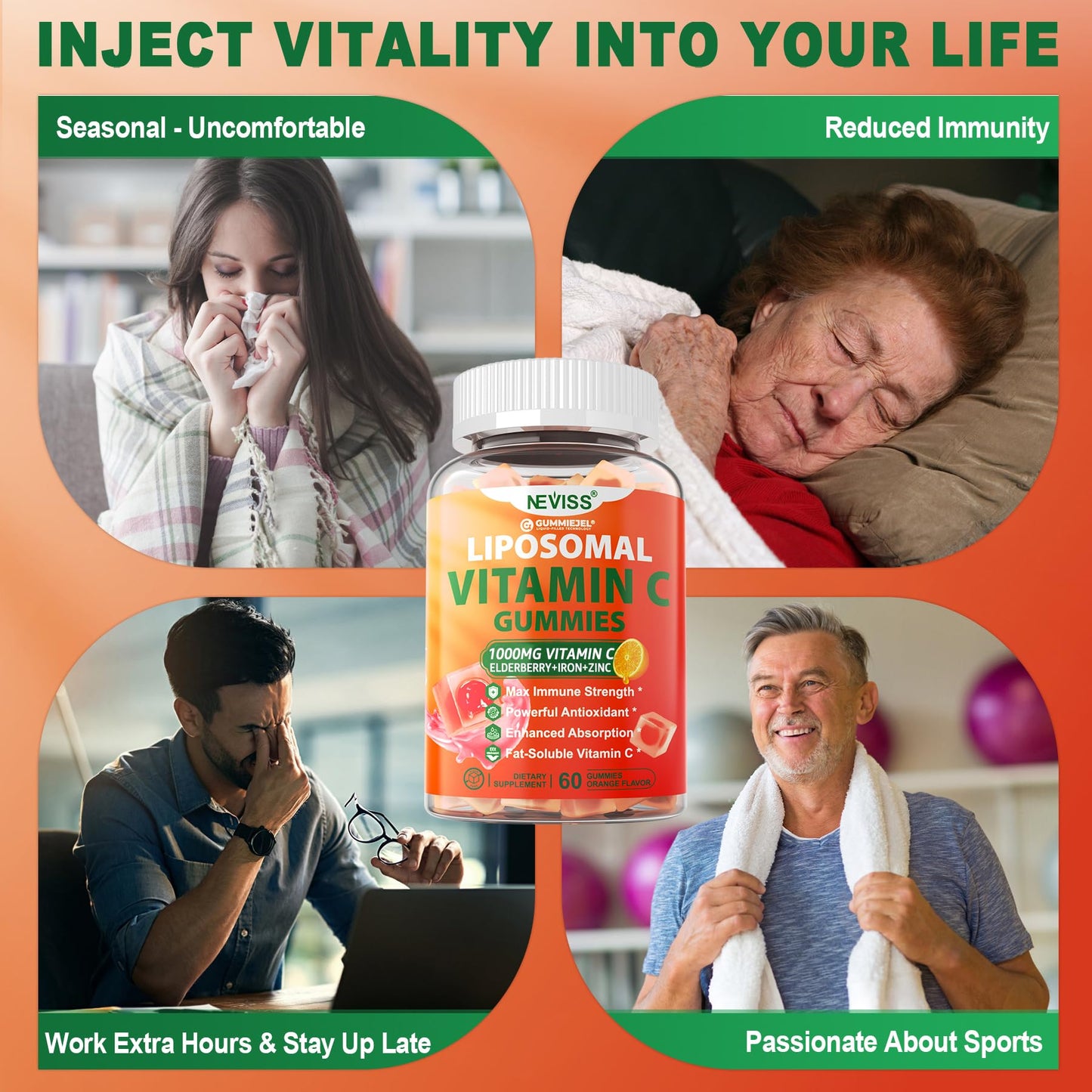 Liposomal Vitamin C 1000mg Gummies for Adults - Vitamin C Chewable with Elderberry, Zinc & 8mg Iron, Sugar Free Vit C Supplements, Daily Immune Support Gummies for Energy, Collagen Booster 60 Counts