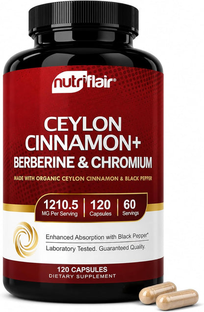 NutriFlair Ceylon Cinnamon, Berberine, Chromium 1200mg, 120 Capsules | Premium Botanical Blend, High Potency Formula, Non-GMO, Third Party Tested. Contains Berberine HCl