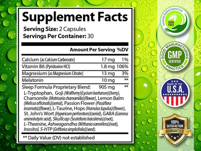 Natural Sleep Aid - Herbal Sleep Supplement Made with Valerian Root, Melatonin, Chamomile, Magnesium – Recommended for Difficulty Sleeping - Adult Extra Strength Sleeping Pills. 60 Vegan Capsules