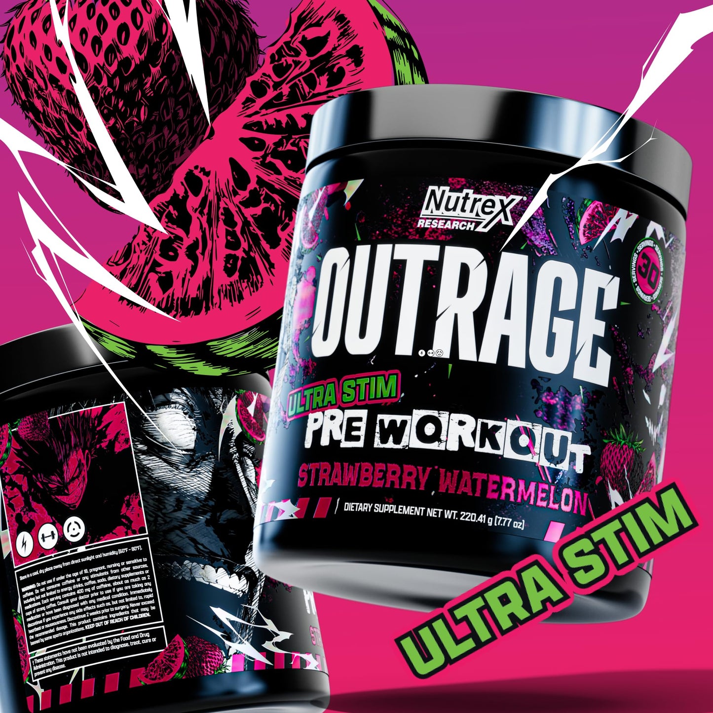Outrage Ultra HIGH STIM Pre-Workout Powder for Men | 400mg Caffeine, L-Citrulline, Beta-Alanine, Creatine | Extreme Energy, Focus, Strength & Endurance (30 Servings, Strawberry Watermelon)