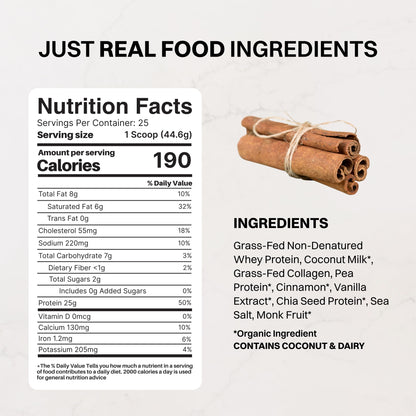 JUST INGREDIENTS Vanilla Bean Protein Powder – 20-Serving Blend with 100% Grass-Fed Whey & Organic Plant Proteins – Real Vanilla Bean & Cinnamon – Supports Muscle Recovery, Energy*