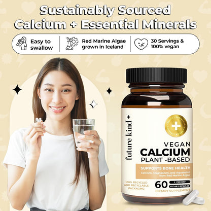 Future Kind Vegan Calcium Supplement - Plant-Based Calcium Magnesium Supplement Sourced from Iceland for Teeth & Bone Support (60 Capsules)
